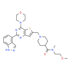 ChemSpider 2D Image | 1-{[2-(1H-Indazol-4-yl)-4-(4-morpholinyl)thieno[3,2-d]pyrimidin-6-yl]methyl}-N-(2-methoxyethyl)-N-methyl-4-piperidinecarboxamide | C28H35N7O3S