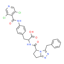 ChemSpider 2D Image | 2-{[(3-Benzyl-6,7-dihydro-5H-pyrrolo[2,1-c][1,2,4]triazol-5-yl)carbonyl]amino}-3-{4-[(3,5-dichloroisonicotinoyl)amino]phenyl}propanoic acid | C28H24Cl2N6O4