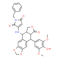 ChemSpider 2D Image | 1-Benzyl-3-{[9-(4-hydroxy-3,5-dimethoxyphenyl)-8-oxo-5,5a,6,8,8a,9-hexahydrofuro[3',4':6,7]naphtho[2,3-d][1,3]dioxol-5-yl]amino}-1H-pyrrole-2,5-dione | C32H28N2O9