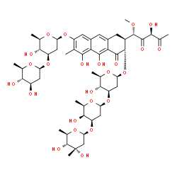 ChemSpider 2D Image | (2S,3S)-6-{[2,6-Dideoxy-3-O-(2,6-dideoxy-beta-D-arabino-hexopyranosyl)-beta-D-arabino-hexopyranosyl]oxy}-8,9-dihydroxy-3-[(1S,3S)-3-hydroxy-1-methoxy-2,4-dioxopentyl]-7-methyl-1-oxo-1,2,3,4-tetrahydro
-2-anthracenyl 2,6-dideoxy-3-C-methyl-beta-D-ribo-hexopyranosyl-(1->3)-2,6-dideoxy-beta-D-lyxo-hexopyranosyl-(1->3)-2,6-dideoxy-beta-D-arabino-hexopyranoside | C52H74O24