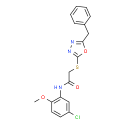 ChemSpider 2D Image | 2-[(5-Benzyl-1,3,4-oxadiazol-2-yl)sulfanyl]-N-(5-chloro-2-methoxyphenyl)acetamide | C18H16ClN3O3S