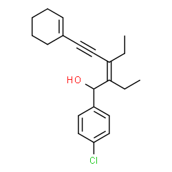 ChemSpider 2D Image | (2Z)-1-(4-Chlorophenyl)-5-(1-cyclohexen-1-yl)-2,3-diethyl-2-penten-4-yn-1-ol | C21H25ClO