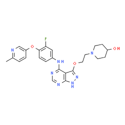 ChemSpider 2D Image | 1-(2-{[4-({3-Fluoro-4-[(6-methyl-3-pyridinyl)oxy]phenyl}amino)-1H-pyrazolo[3,4-d]pyrimidin-3-yl]oxy}ethyl)-4-piperidinol | C24H26FN7O3