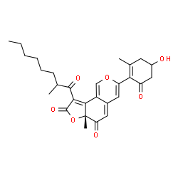 ChemSpider 2D Image | (6aR)-3-(4-Hydroxy-2-methyl-6-oxo-1-cyclohexen-1-yl)-6a-methyl-9-(2-methyloctanoyl)-6H-furo[2,3-h]isochromene-6,8(6aH)-dione | C28H32O7