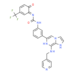 ChemSpider 2D Image | 1-[(1E)-6-Oxo-3-(trifluoromethyl)-2,4-cyclohexadien-1-ylidene]-3-(3-{8-[(4-pyridinylmethyl)amino]-1,7-dihydroimidazo[1,2-a]pyrazin-6-yl}phenyl)urea | C26H20F3N7O2