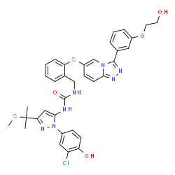 ChemSpider 2D Image | 1-{1-(3-Chloro-4-hydroxyphenyl)-3-[2-(methylsulfanyl)-2-propanyl]-1H-pyrazol-5-yl}-3-[2-({3-[3-(2-hydroxyethoxy)phenyl][1,2,4]triazolo[4,3-a]pyridin-6-yl}sulfanyl)benzyl]urea | C35H34ClN7O4S2