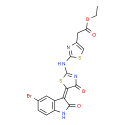 ChemSpider 2D Image | Ethyl (2-{[(5E)-5-(5-bromo-2-oxo-1,2-dihydro-3H-indol-3-ylidene)-4-oxo-4,5-dihydro-1,3-thiazol-2-yl]amino}-1,3-thiazol-4-yl)acetate | C18H13BrN4O4S2