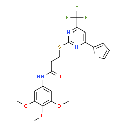 ChemSpider 2D Image | 3-{[4-(2-Furyl)-6-(trifluoromethyl)-2-pyrimidinyl]sulfanyl}-N-(3,4,5-trimethoxyphenyl)propanamide | C21H20F3N3O5S