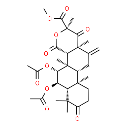 ChemSpider 2D Image | Methyl (2R,4aS,4bR,5R,6R,6aR,10aR,10bR,12aR)-5,6-diacetoxy-2,4b,7,7,10a,12a-hexamethyl-12-methylene-1,4,8-trioxohexadecahydro-2H-naphtho[1,2-h]isochromene-2-carboxylate | C30H40O10