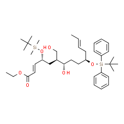 ChemSpider 2D Image | Ethyl (2E,4R,6S,7S,10S,12E)-4-{[dimethyl(2-methyl-2-propanyl)silyl]oxy}-7-hydroxy-6-(hydroxymethyl)-10-{[(2-methyl-2-propanyl)(diphenyl)silyl]oxy}-2,12-tetradecadienoate | C39H62O6Si2