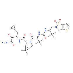 ChemSpider 2D Image | (1R,5S)-N-(4-Amino-1-cyclopropyl-3,4-dioxo-2-butanyl)-3-(N-{[(2S)-1-(1,1-dioxidothieno[2,3-d][1,2]thiazol-2(3H)-yl)-3,3-dimethyl-2-butanyl]carbamoyl}-3-methyl-L-valyl)-6,6-dimethyl-3-azabicyclo[3.1.0]
hexane-2-carboxamide | C33H50N6O7S2