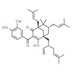 ChemSpider 2D Image | (1S,5S,7R)-3-(3,4-Dihydroxybenzoyl)-4-hydroxy-8,8-dimethyl-1,7-bis(3-methyl-2-buten-1-yl)-5-[(2S)-5-methyl-2-vinyl-4-hexen-1-yl]bicyclo[3.3.1]non-3-en-2-one | C37H50O5