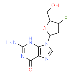 ChemSpider 2D Image | 2-Amino-9-(2,3-dideoxy-3-fluoropentofuranosyl)-3,9-dihydro-6H-purin-6-one | C10H12FN5O3