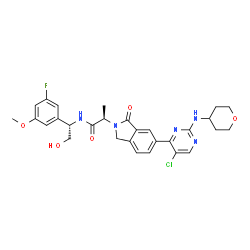 ChemSpider 2D Image | (2R)-2-{6-[5-chloro-2-(oxan-4-ylamino)pyrimidin-4-yl]-1-oxo-3H-isoindol-2-yl}-N-[(1S)-1-(3-fluoro-5-methoxyphenyl)-2-hydroxyethyl]propanamide | C29H31ClFN5O5