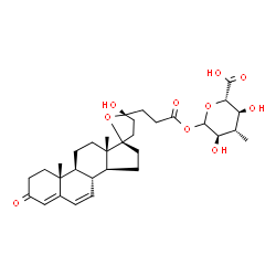 ChemSpider 2D Image | 3-Deoxy-1-O-{3-[(5'S,8R,9S,10R,13S,14S,17R)-5'-hydroxy-10,13-dimethyl-3-oxo-1,2,3,4',5',8,9,10,11,12,13,14,15,16-tetradecahydro-3'H-spiro[cyclopenta[a]phenanthrene-17,2'-furan]-5'-yl]propanoyl}-3-meth
yl-D-glucopyranuronic acid | C32H44O10