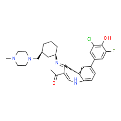 ChemSpider 2D Image | 1-[6-(3-Chloro-5-fluoro-4-hydroxyphenyl)-4-({(1R,3S)-3-[(4-methyl-1-piperazinyl)methyl]cyclohexyl}imino)-1,4-dihydro-3-quinolinyl]ethanone | C29H34ClFN4O2