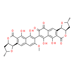 ChemSpider 2D Image | (2R,2'R,3aR,3a'R,11bR,11b'R)-6,6',7,7'-Tetrahydroxy-9'-methoxy-2,2'-dimethyl-3a,3a',11b,11b'-tetrahydro-2H,2'H-8,8'-bibenzo[g]furo[3,2-c]isochromene-5,5',9,10(3H,3'H)-tetrone | C33H26O13