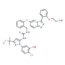ChemSpider 2D Image | 1-{1-(4-Chloro-3-hydroxyphenyl)-3-[2-(methylsulfanyl)-2-propanyl]-1H-pyrazol-5-yl}-3-[2-({3-[2-(2-hydroxyethoxy)phenyl][1,2,4]triazolo[4,3-a]pyridin-6-yl}sulfanyl)benzyl]urea | C35H34ClN7O4S2