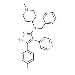 ChemSpider 2D Image | N-Benzyl-N-[5-(4-fluorophenyl)-4-(4-pyridinyl)-1H-pyrazol-3-yl]-1-methyl-4-piperidinamine | C27H28FN5