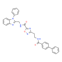 ChemSpider 2D Image | 3-{2-[(4-Biphenylylcarbonyl)amino]ethyl}-N-[(1-phenyl-1H-benzimidazol-2-yl)methyl]-1,2,4-oxadiazole-5-carboxamide | C32H26N6O3