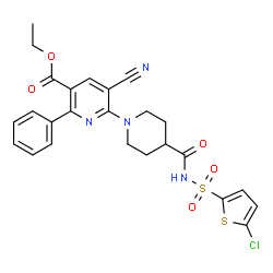 ChemSpider 2D Image | Ethyl 6-(4-{[(5-chloro-2-thienyl)sulfonyl]carbamoyl}-1-piperidinyl)-5-cyano-2-phenylnicotinate | C25H23ClN4O5S2