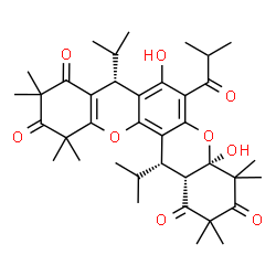 ChemSpider 2D Image | (4aR,8R,14S,14aS)-4a,7-Dihydroxy-6-isobutyryl-8,14-diisopropyl-2,2,4,4,10,10,12,12-octamethyl-4,4a,14,14a-tetrahydro-1H,8H-chromeno[2,3-a]xanthene-1,3,9,11(2H,10H,12H)-tetrone | C38H50O9