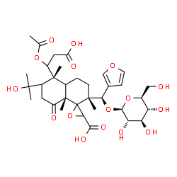 ChemSpider 2D Image | (2R,5R,8aR)-5-(1-Acetoxy-2-carboxyethyl)-2-[(R)-3-furyl(beta-L-glucopyranosyloxy)methyl]-6-(2-hydroxy-2-propanyl)-2,5,8a-trimethyl-8-oxooctahydro-2H-spiro[naphthalene-1,2'-oxirane]-3'-carboxylic acid | C34H48O16