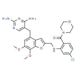 ChemSpider 2D Image | {4-Chloro-2-[({4-[(2,4-diamino-5-pyrimidinyl)methyl]-6,7-dimethoxy-1-benzofuran-2-yl}methyl)amino]phenyl}(4-morpholinyl)methanone | C27H29ClN6O5