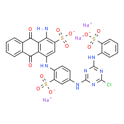 ChemSpider 2D Image | Trisodium 1-amino-4-{[4-({4-chloro-6-[(2-sulfonatophenyl)amino]-1,3,5-triazin-2-yl}amino)-2-sulfonatophenyl]amino}-9,10-dioxo-9,10-dihydro-2-anthracenesulfonate | C29H17ClN7Na3O11S3