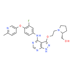 ChemSpider 2D Image | [(2R)-1-(2-{[4-({3-Fluoro-4-[(6-methyl-3-pyridinyl)oxy]phenyl}amino)-1H-pyrazolo[3,4-d]pyrimidin-3-yl]oxy}ethyl)-2-pyrrolidinyl]methanol | C24H26FN7O3