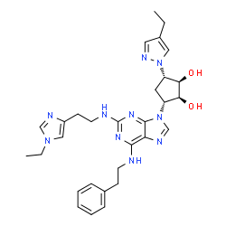ChemSpider 2D Image | (1R,2S,3R,5S)-3-(2-{[2-(1-Ethyl-1H-imidazol-4-yl)ethyl]amino}-6-[(2-phenylethyl)amino]-9H-purin-9-yl)-5-(4-ethyl-1H-pyrazol-1-yl)-1,2-cyclopentanediol | C30H38N10O2