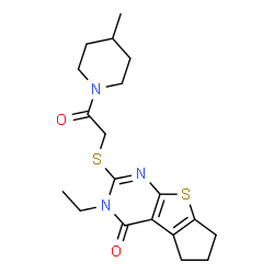 ChemSpider 2D Image | 3-Ethyl-2-{[2-(4-methyl-1-piperidinyl)-2-oxoethyl]sulfanyl}-3,5,6,7-tetrahydro-4H-cyclopenta[4,5]thieno[2,3-d]pyrimidin-4-one | C19H25N3O2S2