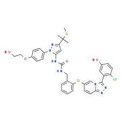 ChemSpider 2D Image | 1-(2-{[3-(2-Chloro-5-hydroxyphenyl)[1,2,4]triazolo[4,3-a]pyridin-6-yl]sulfanyl}benzyl)-3-{1-[4-(2-hydroxyethoxy)phenyl]-3-[2-(methylsulfanyl)-2-propanyl]-1H-pyrazol-5-yl}urea | C35H34ClN7O4S2