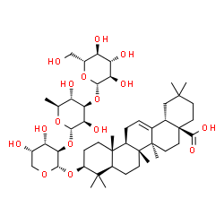 ChemSpider 2D Image | (3beta)-3-{[beta-D-Glucopyranosyl-(1->3)-6-deoxy-alpha-L-mannopyranosyl-(1->2)-alpha-L-arabinopyranosyl]oxy}olean-12-en-28-oic acid | C47H76O16