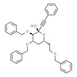 ChemSpider 2D Image | (5R)-2,3-Di-O-benzyl-5-[2-(benzyloxy)ethyl]-4-deoxy-1-C-(phenylethynyl)-beta-L-threo-pentopyranose | C36H36O5