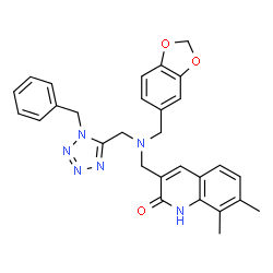 ChemSpider 2D Image | 3-({(1,3-Benzodioxol-5-ylmethyl)[(1-benzyl-1H-tetrazol-5-yl)methyl]amino}methyl)-7,8-dimethyl-2(1H)-quinolinone | C29H28N6O3