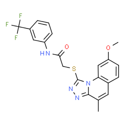 ChemSpider 2D Image | 2-[(8-Methoxy-4-methyl[1,2,4]triazolo[4,3-a]quinolin-1-yl)sulfanyl]-N-[3-(trifluoromethyl)phenyl]acetamide | C21H17F3N4O2S