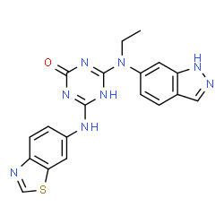ChemSpider 2D Image | 4-(1,3-Benzothiazol-6-ylamino)-6-[ethyl(1H-indazol-6-yl)amino]-1,3,5-triazin-2(5H)-one | C19H16N8OS