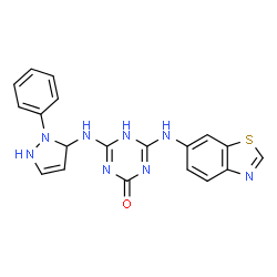 ChemSpider 2D Image | 4-(1,3-Benzothiazol-6-ylamino)-6-[(2-phenyl-2,3-dihydro-1H-pyrazol-3-yl)amino]-1,3,5-triazin-2(5H)-one | C19H16N8OS