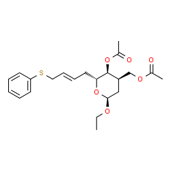 ChemSpider 2D Image | Ethyl (5R)-3-(acetoxymethyl)-4-O-acetyl-2,3-dideoxy-5-[(2E)-4-(phenylsulfanyl)-2-buten-1-yl]-alpha-D-erythro-pentopyranoside | C22H30O6S