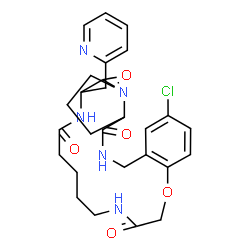 ChemSpider 2D Image | (23aS)-19-Chloro-6-(2-pyridinylmethyl)-2,3,6,7,10,11,12,13,21,22-decahydro-1H,5H-pyrrolo[1,2-m][1,4,10,13,16]benzoxatetraazacyclononadecine-5,8,14,23(9H,15H,23aH)-tetrone | C27H32ClN5O5