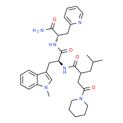 ChemSpider 2D Image | 1-Methyl-N-{4-methyl-2-[2-oxo-2-(1-piperidinyl)ethyl]pentanoyl}-L-tryptophyl-3-(2-pyridinyl)-L-alaninamide | C33H44N6O4