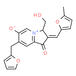 ChemSpider 2D Image | (2E)-7-(2-Furylmethyl)-3-(hydroxymethyl)-2-[(5-methyl-2-furyl)methylene]-1-oxo-2,3-dihydro-1H-indolizinium-6-olate | C20H17NO5