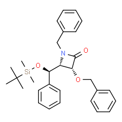 ChemSpider 2D Image | (3R,4R)-1-Benzyl-3-(benzyloxy)-4-[(R)-{[dimethyl(2-methyl-2-propanyl)silyl]oxy}(phenyl)methyl]-2-azetidinone | C30H37NO3Si