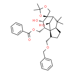 ChemSpider 2D Image | {(1'S,2'S,4R,5'R,7'R,9'S,10'R,11'S)-2'-[(Benzyloxy)methyl]-9',11'-dihydroxy-2,2,6',6'-tetramethylspiro[1,3-dioxolane-4,8'-tricyclo[5.3.1.0~1,5~]undecan]-10'-yl}methyl benzoate | C33H42O7