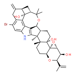 ChemSpider 2D Image | (2R,3S,3aR,4aS,4bS,6aR,7S,7dR,8S,9aR,14bS,14cR,16aS)-12-Bromo-2-isopropenyl-14b,14c,17,17-tetramethyl-10-methylene-3,3a,6,6a,7,8,9,9a,10,11,14,14b,14c,15,16,16a-hexadecahydro-2H,4bH-7,8-(epoxymethano)
cyclobuta[5,6]benzo[1,2-e]oxireno[4',4a']chromeno[5',6':6,7]indeno[1,2-b]indole-3,4b,7d(5H)-triol | C37H44BrNO6