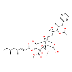 ChemSpider 2D Image | Dimethyl (1S,2R,3R,4R,5S,7S)-5-(2-{2-[(1S,2R)-1-acetoxy-2-methyl-3-phenylpropyl]-2-oxiranyl}ethyl)-3-{[(2E,4S,6S)-4,6-dimethyl-2-octenoyl]oxy}-2,4,7-trihydroxy-6,8-dioxabicyclo[3.2.1]octane-1,2-dicarb
oxylate | C36H50O14