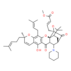 ChemSpider 2D Image | Methyl (2E)-4-[(2S,8R,17S,19R)-12-hydroxy-8,21,21-trimethyl-5-(3-methyl-2-buten-1-yl)-8-(4-methyl-3-penten-1-yl)-14,18-dioxo-16-(1-piperidinyl)-3,7,20-trioxahexacyclo[15.4.1.0~2,15~.0~2,19~.0~4,13~.0~
6,11~]docosa-4(13),5,9,11-tetraen-19-yl]-2-butenoate | C43H55NO8