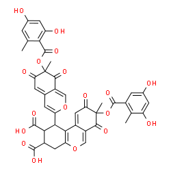 ChemSpider 2D Image | 8-[(3,5-Dihydroxy-2-methylbenzoyl)oxy]-1-{7-[(2,4-dihydroxy-6-methylbenzoyl)oxy]-7-methyl-6,8-dioxo-7,8-dihydro-6H-isochromen-3-yl}-8-methyl-7,9-dioxo-2,3,4,7,8,9-hexahydro-1H-benzo[c]chromene-2,3-dic
arboxylic acid | C42H32O18