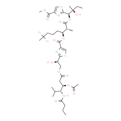 ChemSpider 2D Image | (2R,3S)-7,7-Dichloro-1-{(1R,2S)-2-hydroxy-1-[4-(methoxycarbonyl)-1,3-thiazol-2-yl]-2-methylbutoxy}-2-methyl-1-oxo-3-octanyl 2-[(1R)-2-{[(3R,4R)-3-acetoxy-4-(butyrylamino)-5-methylhexanoyl]oxy}-1-hydro
xyethyl]-1,3-thiazole-4-carboxylate | C38H55Cl2N3O13S2